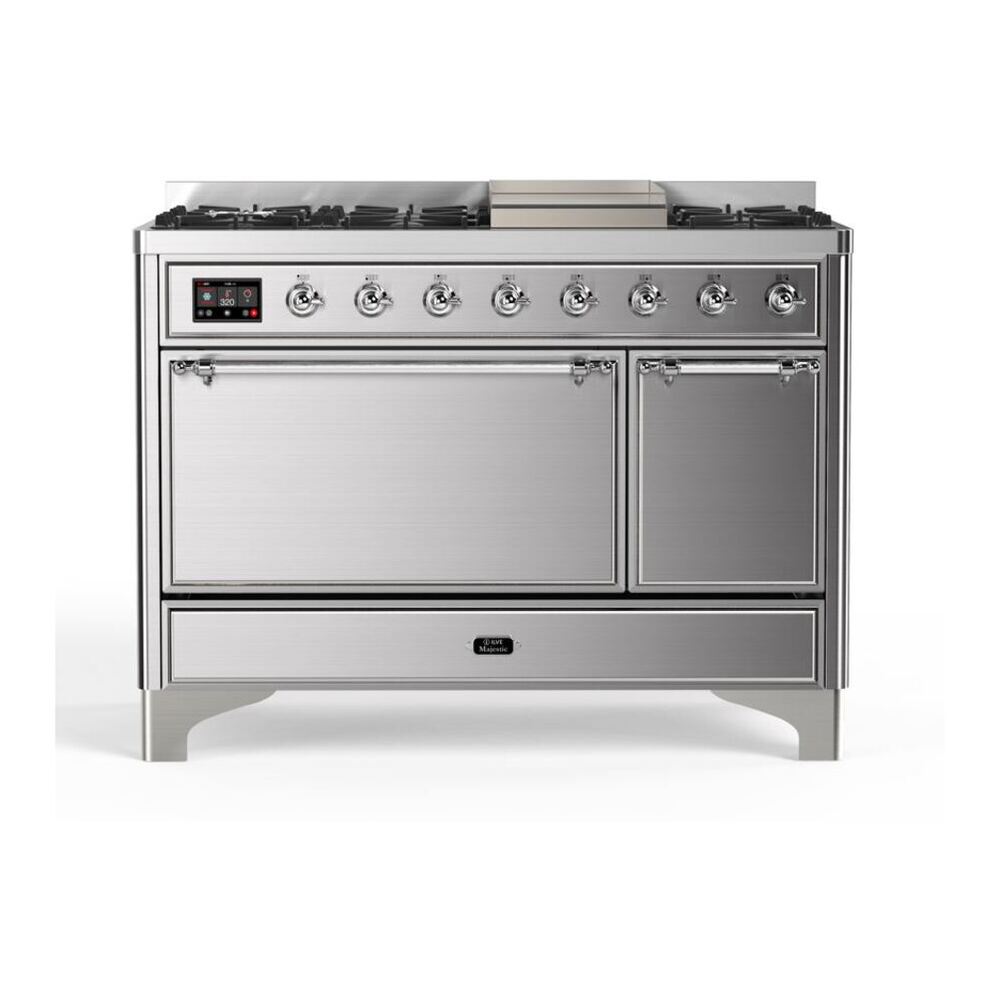 ILVE Majestic II 48" Stainless Steel Dual Fuel Range with 8 Burners and Griddle Solid Door Natural Gas