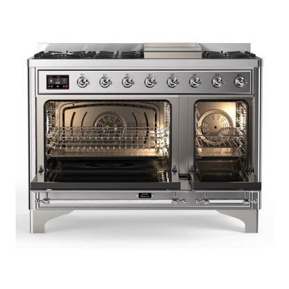 ILVE Majestic II 48 inch Solid Door Natural Gas Dual Fuel Range Chrome Stainless Steel