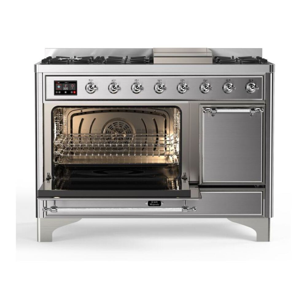 ILVE Majestic II 48 inch Solid Door Natural Gas Dual Fuel Range Chrome Stainless Steel