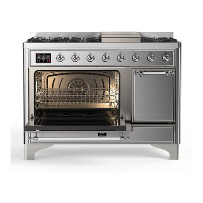 ILVE Majestic II 48 inch Solid Door Natural Gas Dual Fuel Range Chrome Stainless Steel