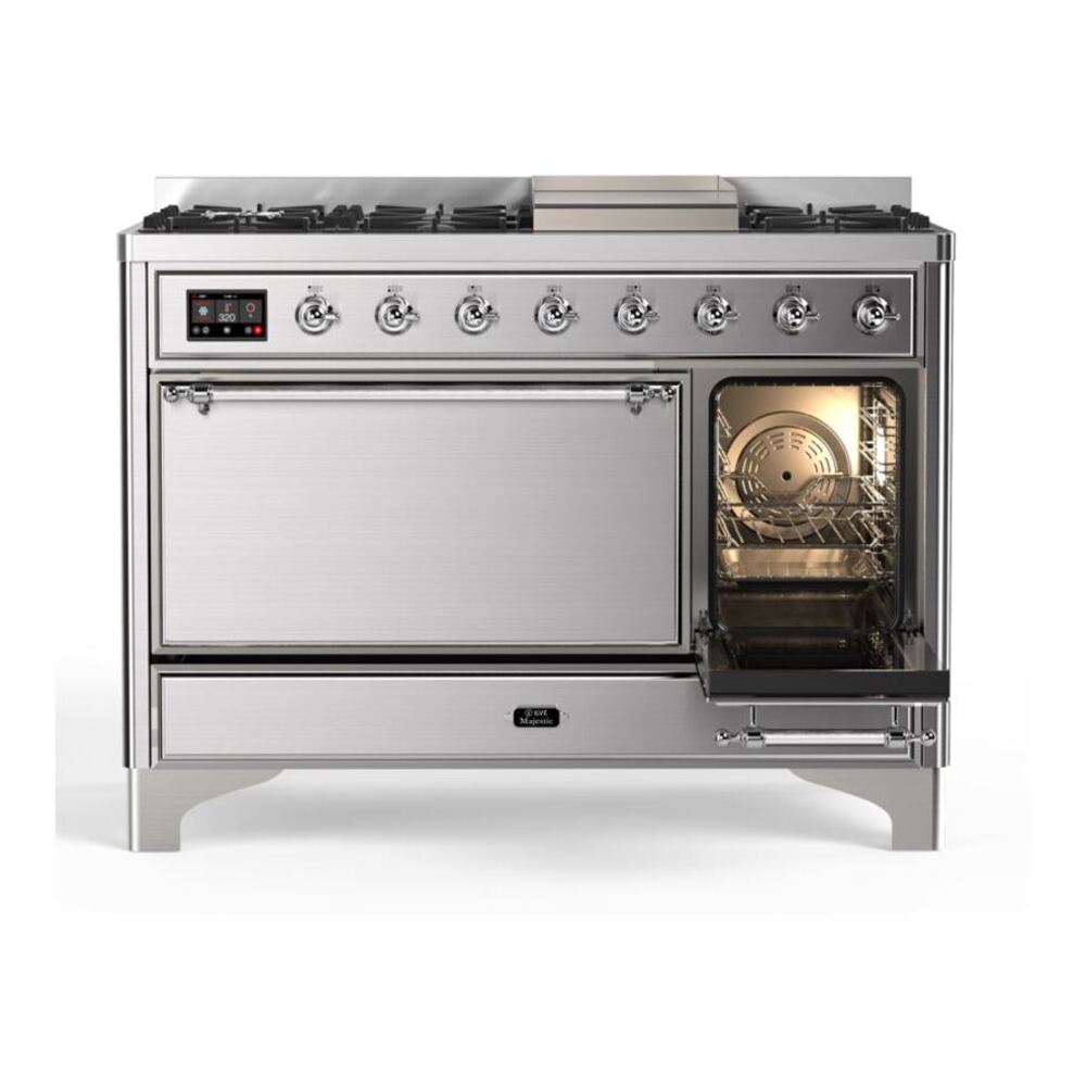 ILVE Majestic II 48 inch Solid Door Natural Gas Dual Fuel Range Chrome Stainless Steel