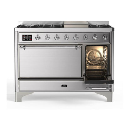 ILVE Majestic II 48 inch Solid Door Natural Gas Dual Fuel Range Chrome Stainless Steel