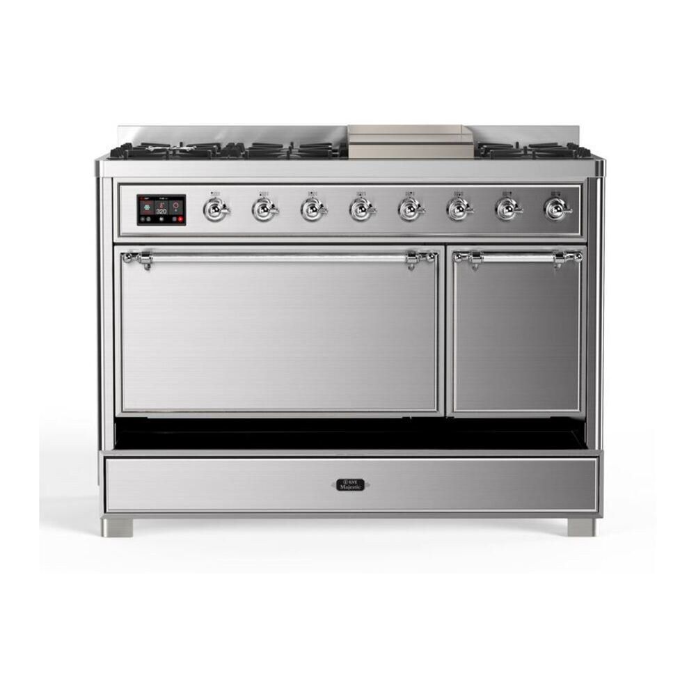 ILVE Majestic II 48 inch Solid Door Natural Gas Dual Fuel Range Chrome Stainless Steel