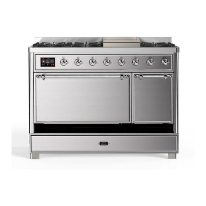ILVE Majestic II 48 inch Solid Door Natural Gas Dual Fuel Range Chrome Stainless Steel