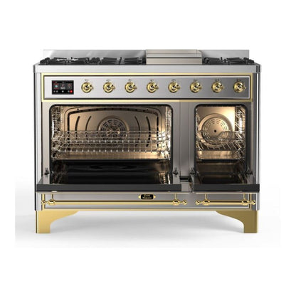 ILVE Majestic II 48 inch Solid Door Natural Gas Dual Fuel Range Brass Stainless Steel