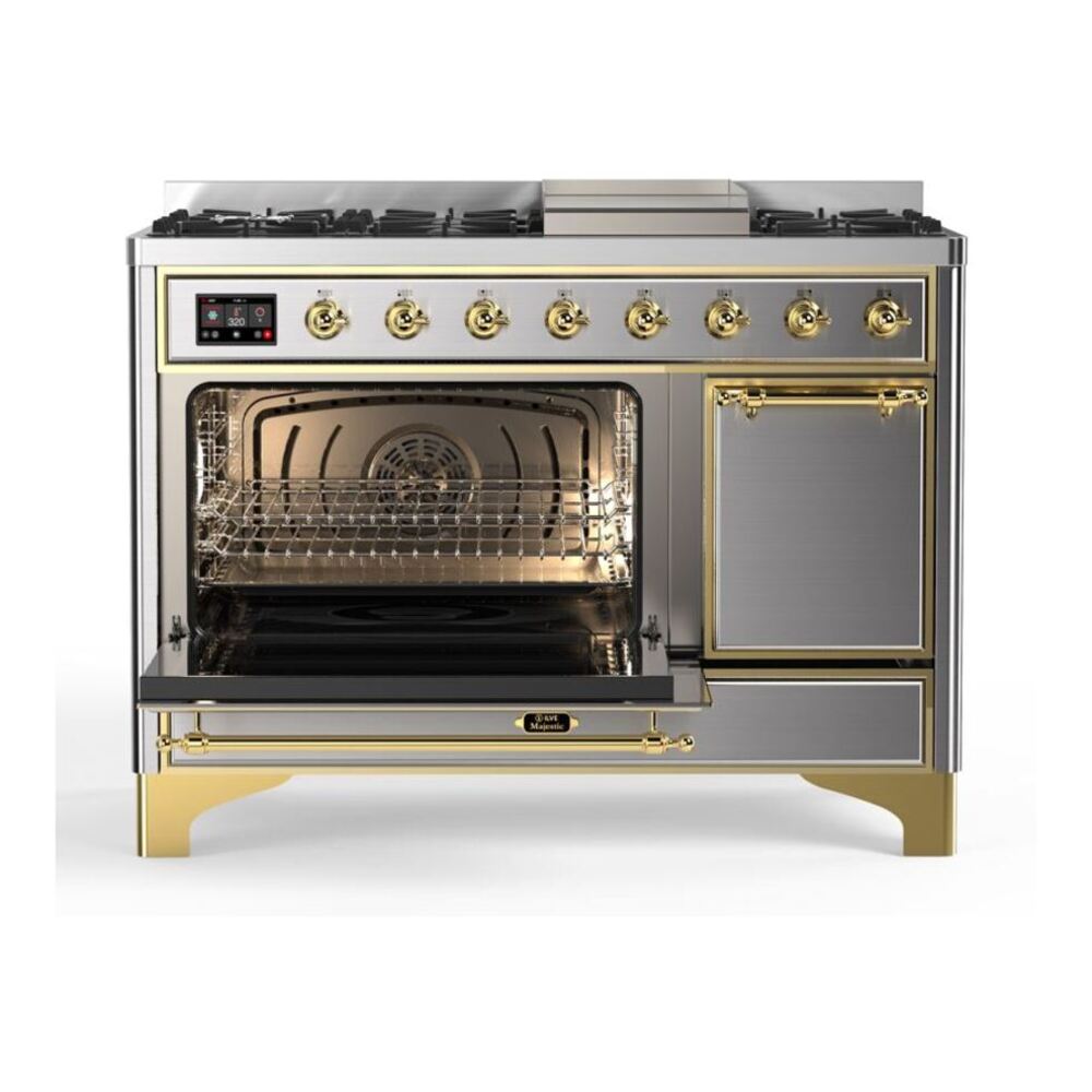 ILVE Majestic II 48 inch Solid Door Natural Gas Dual Fuel Range Brass Stainless Steel