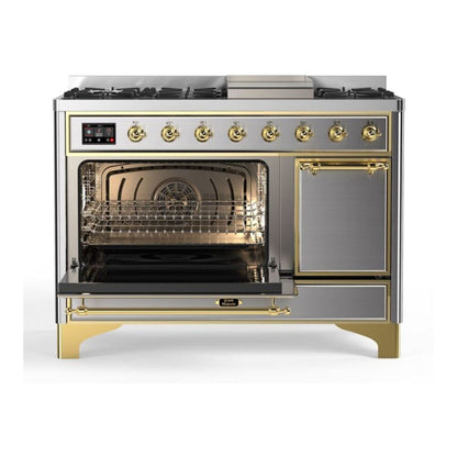 ILVE Majestic II 48 inch Solid Door Natural Gas Dual Fuel Range Brass Stainless Steel