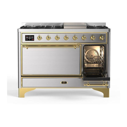 ILVE Majestic II 48 inch Solid Door Natural Gas Dual Fuel Range Brass Stainless Steel