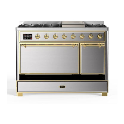 ILVE Majestic II 48 inch Solid Door Natural Gas Dual Fuel Range Brass Stainless Steel