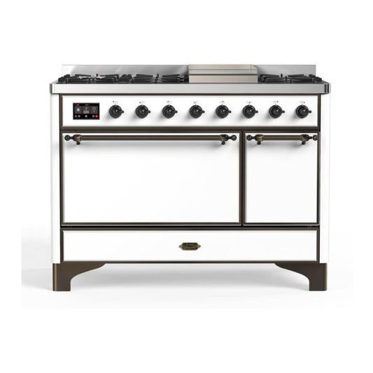 ILVE Majestic II 48" White Dual Fuel Range with 8 Burners and Griddle Solid Door Natural Gas