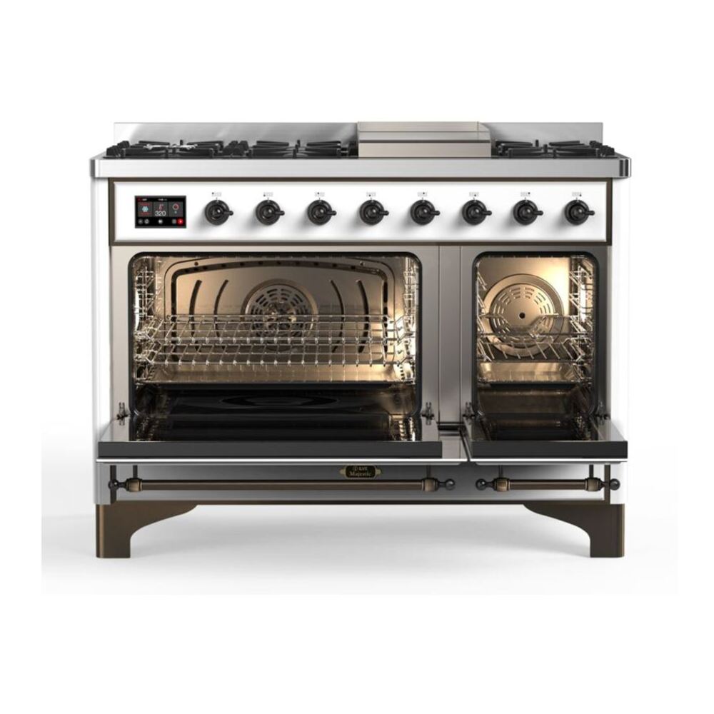 ILVE Majestic II 48 inch Solid Door Natural Gas Dual Fuel Range Burnished White