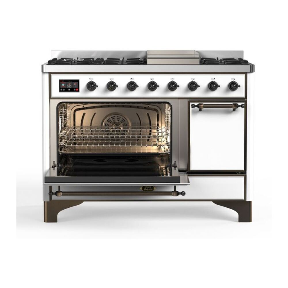ILVE Majestic II 48 inch Solid Door Natural Gas Dual Fuel Range Burnished White