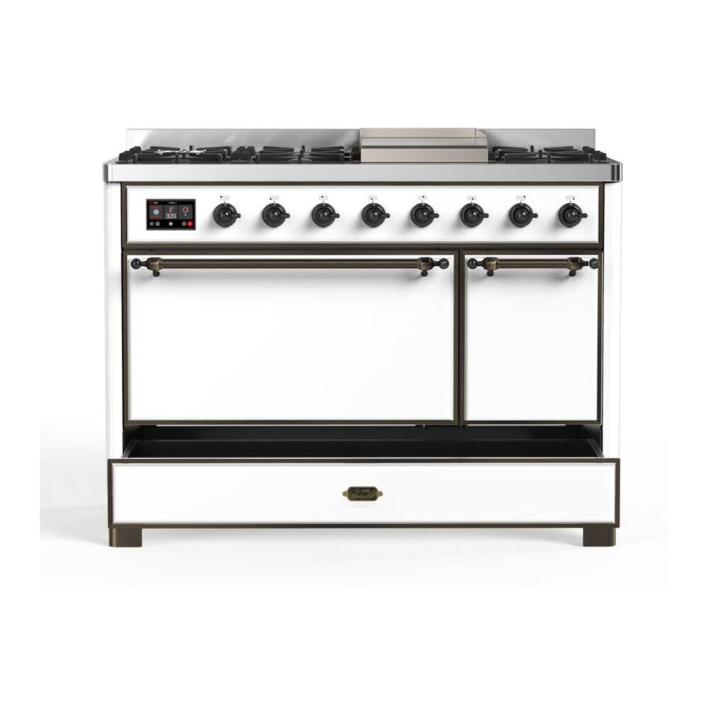 ILVE Majestic II 48 inch Solid Door Natural Gas Dual Fuel Range Burnished White