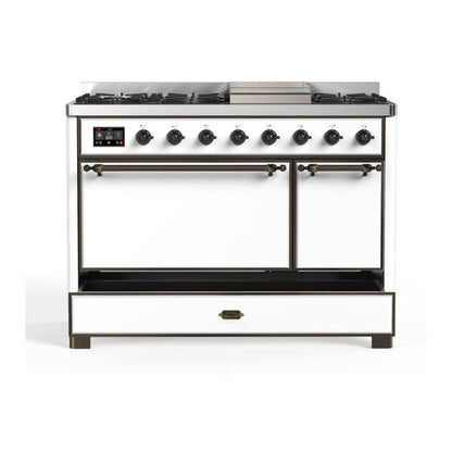 ILVE Majestic II 48 inch Solid Door Natural Gas Dual Fuel Range Burnished White
