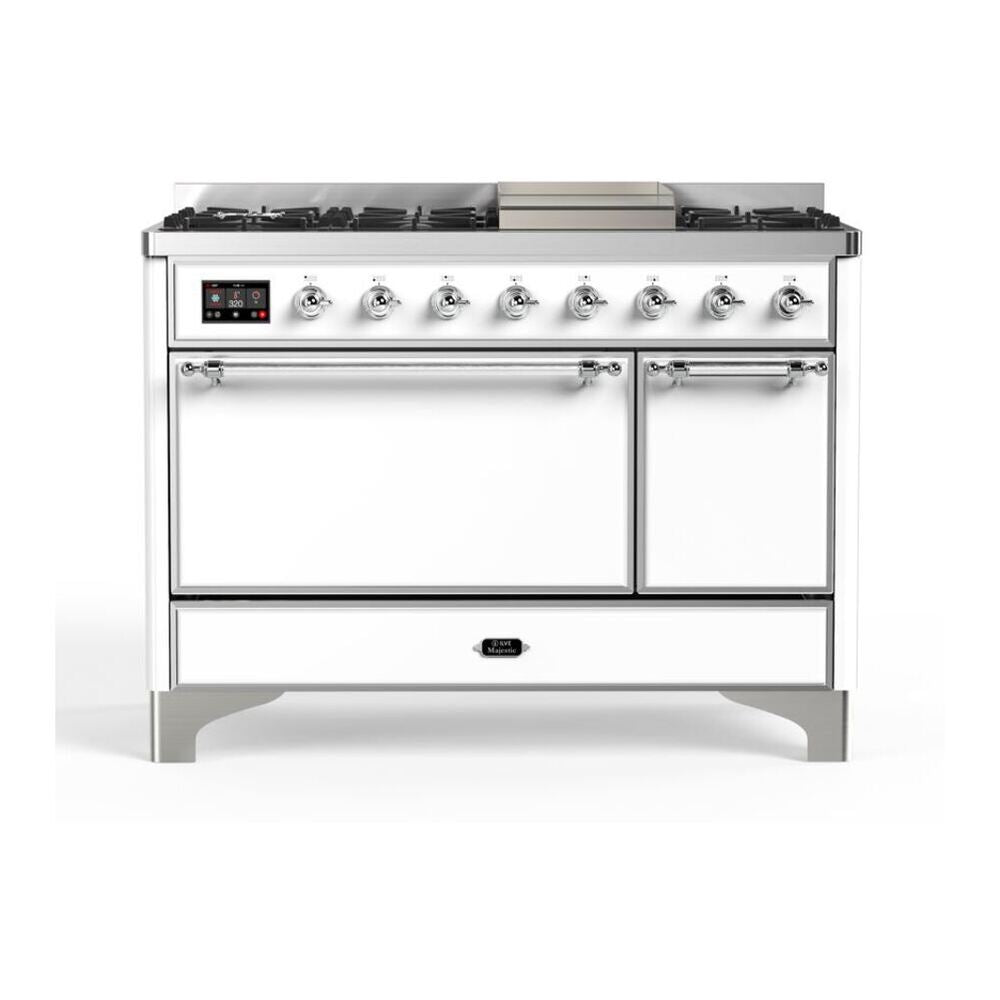 ILVE Majestic II 48 inch Solid Door Natural Gas Dual Fuel Range Chrome White