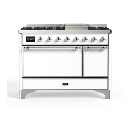 ILVE Majestic II 48 inch Solid Door Natural Gas Dual Fuel Range Chrome White