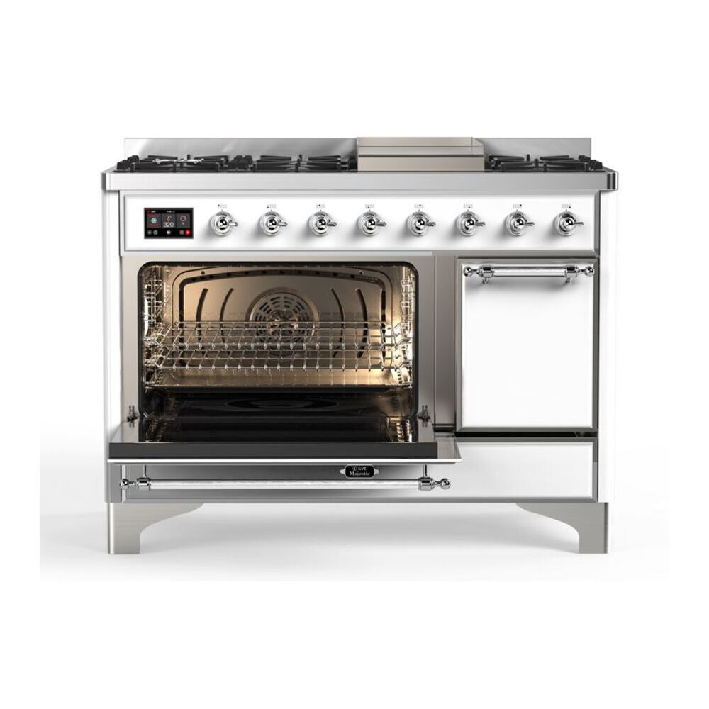 ILVE Majestic II 48 inch Solid Door Natural Gas Dual Fuel Range Chrome White