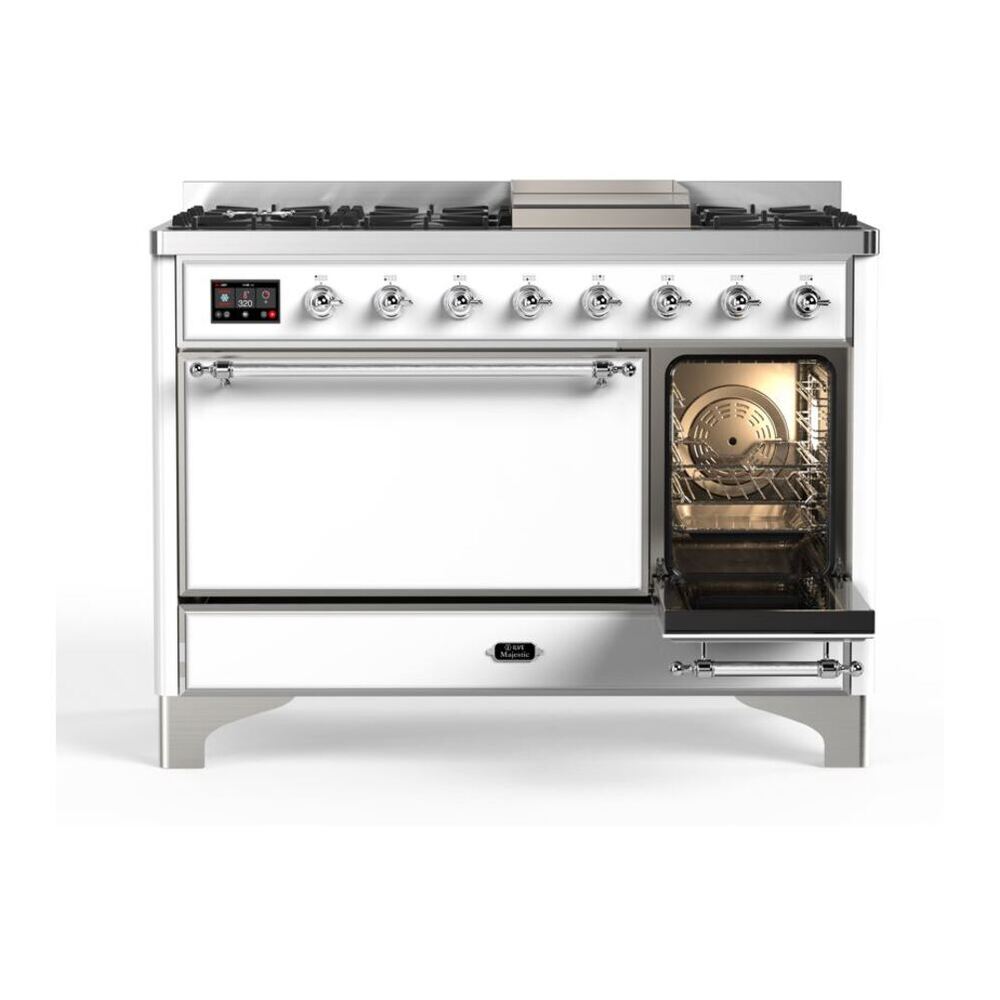 ILVE Majestic II 48 inch Solid Door Natural Gas Dual Fuel Range Chrome White
