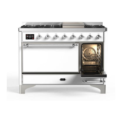 ILVE Majestic II 48 inch Solid Door Natural Gas Dual Fuel Range Chrome White