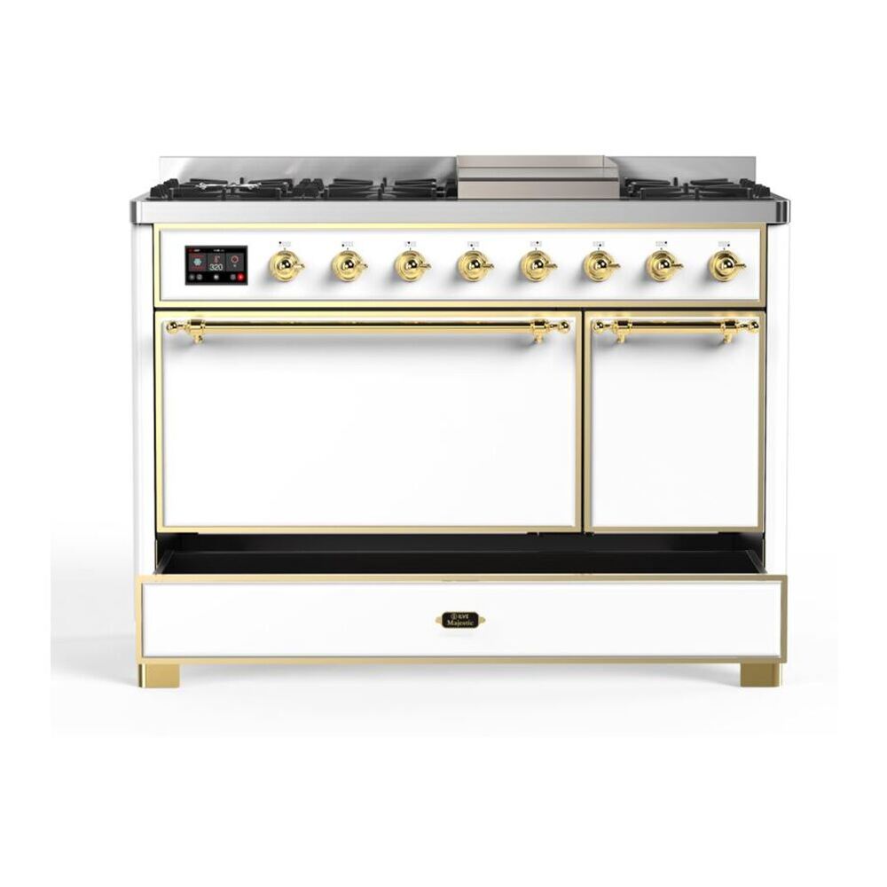 ILVE Majestic II 48 inch Solid Door Natural Gas Dual Fuel Range Brass White