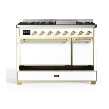 ILVE Majestic II 48 inch Solid Door Natural Gas Dual Fuel Range Brass White
