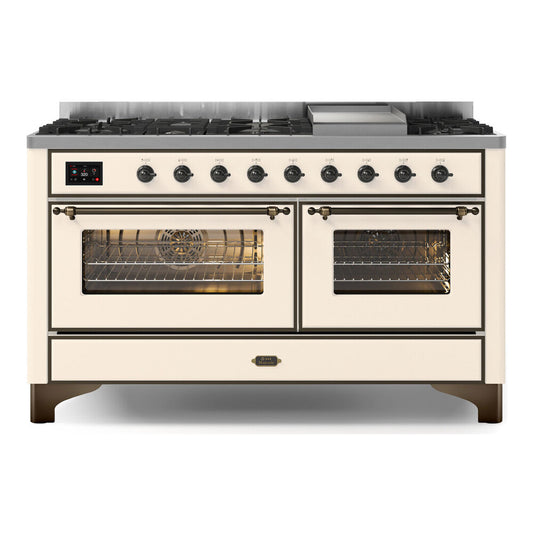 ILVE Majestic II 60" Antique White Dual Fuel Range with 9 Burners and Griddle Triple Glass Door Liquid Propane