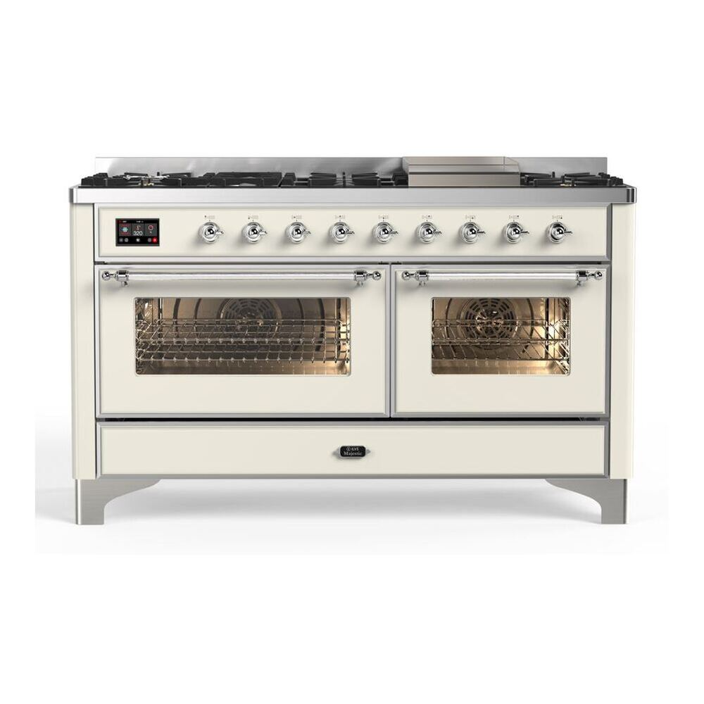 ILVE Majestic II 60 inch Triple Glass Door Natural Gas Dual Fuel Range Chrome Antique White