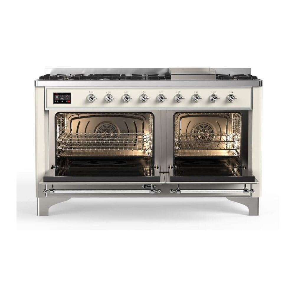 ILVE Majestic II 60 inch Triple Glass Door Natural Gas Dual Fuel Range Chrome Antique White