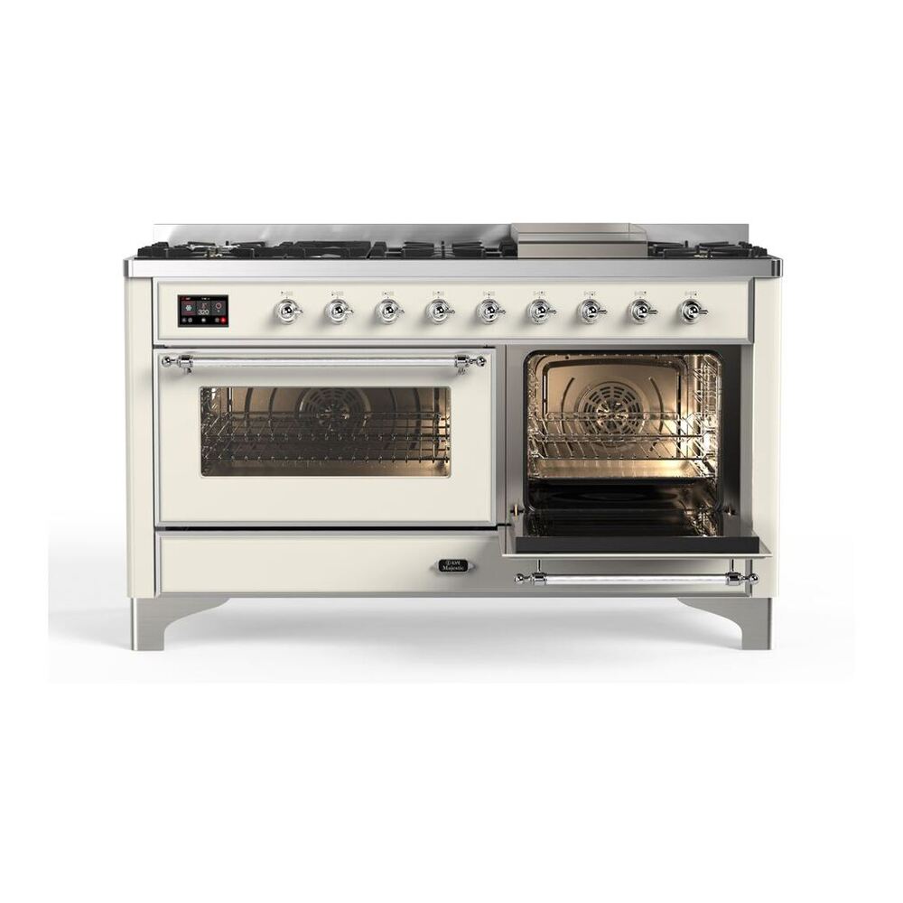 ILVE Majestic II 60 inch Triple Glass Door Natural Gas Dual Fuel Range Chrome Antique White