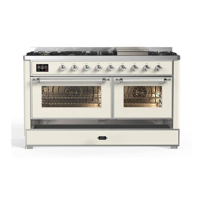 ILVE Majestic II 60 inch Triple Glass Door Natural Gas Dual Fuel Range Chrome Antique White
