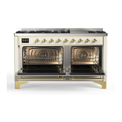ILVE Majestic II 60 inch Triple Glass Door Natural Gas Dual Fuel Range Brass Antique White