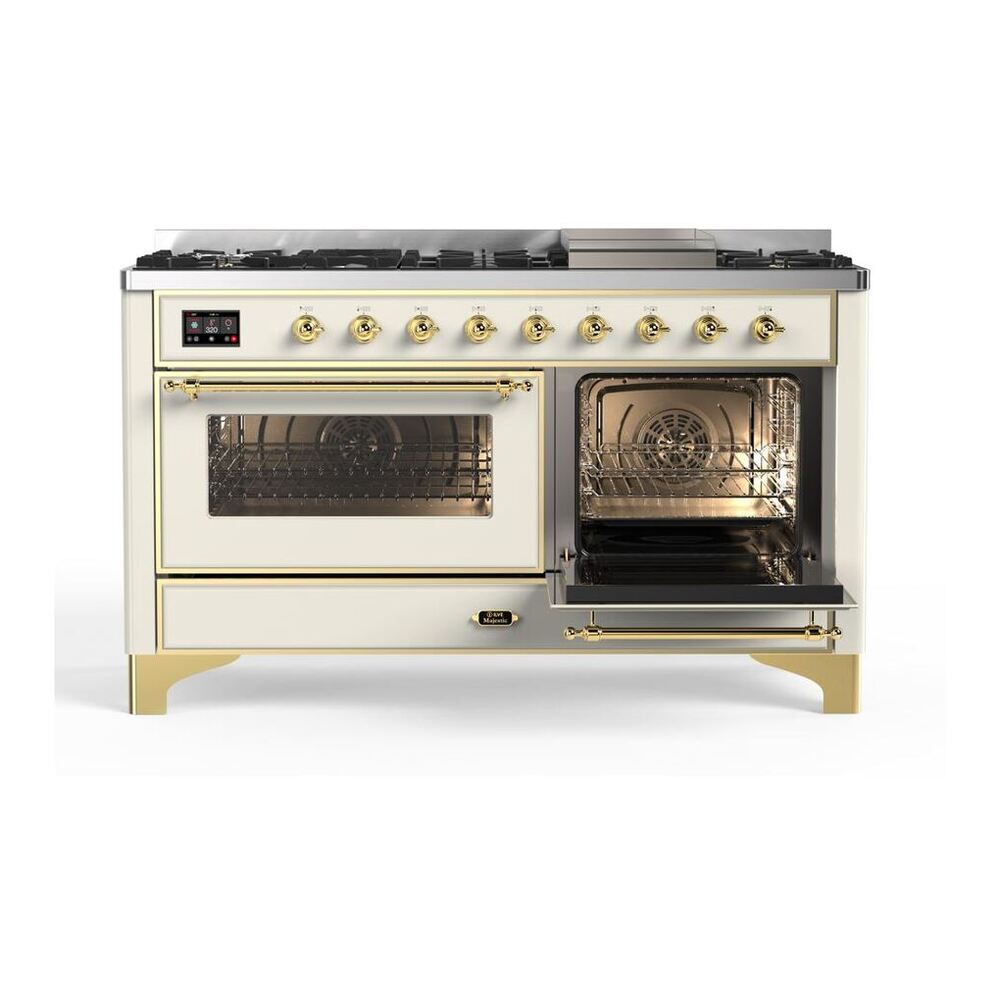 ILVE Majestic II 60 inch Triple Glass Door Natural Gas Dual Fuel Range Brass Antique White