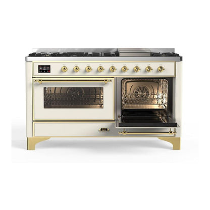 ILVE Majestic II 60 inch Triple Glass Door Natural Gas Dual Fuel Range Brass Antique White