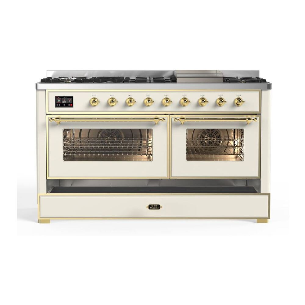 ILVE Majestic II 60 inch Triple Glass Door Natural Gas Dual Fuel Range Brass Antique White