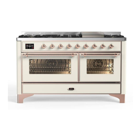 ILVE Majestic II 60" Antique White Dual Fuel Range with 9 Burners and Griddle Triple Glass Door Natural Gas