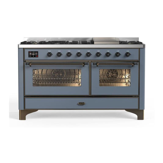 ILVE Majestic II 60" Blue Grey Dual Fuel Range with 9 Burners and Griddle Triple Glass Door Natural Gas