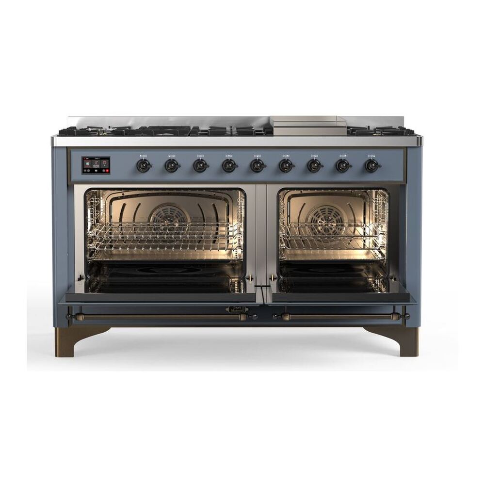 ILVE Majestic II 60 inch Triple Glass Door Natural Gas Dual Fuel Range Burnished Blue Grey
