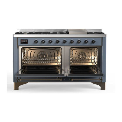 ILVE Majestic II 60 inch Triple Glass Door Natural Gas Dual Fuel Range Burnished Blue Grey