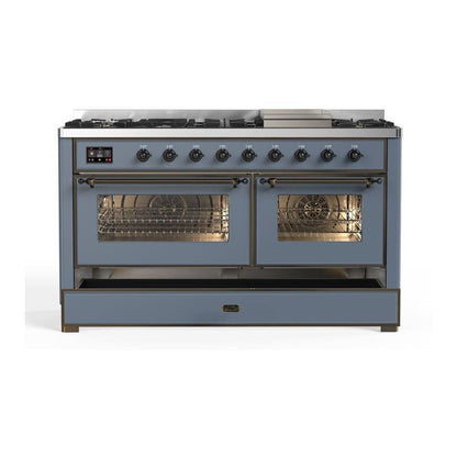 ILVE Majestic II 60 inch Triple Glass Door Natural Gas Dual Fuel Range Burnished Blue Grey