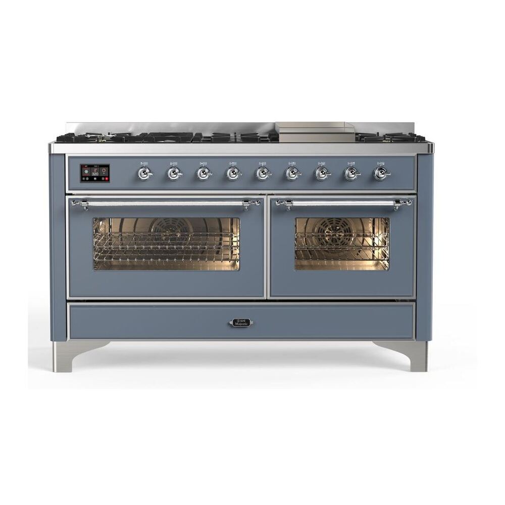 ILVE Majestic II 60 inch Triple Glass Door Natural Gas Dual Fuel Range Chrome Blue Grey