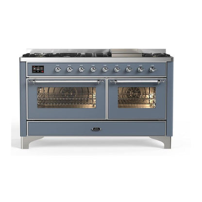 ILVE Majestic II 60 inch Triple Glass Door Natural Gas Dual Fuel Range Chrome Blue Grey