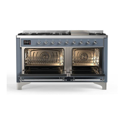 ILVE Majestic II 60 inch Triple Glass Door Natural Gas Dual Fuel Range Chrome Blue Grey