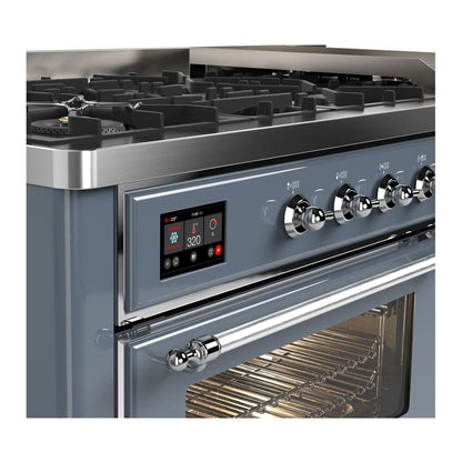 ILVE Majestic II 60 inch Triple Glass Door Natural Gas Dual Fuel Range Chrome Blue Grey