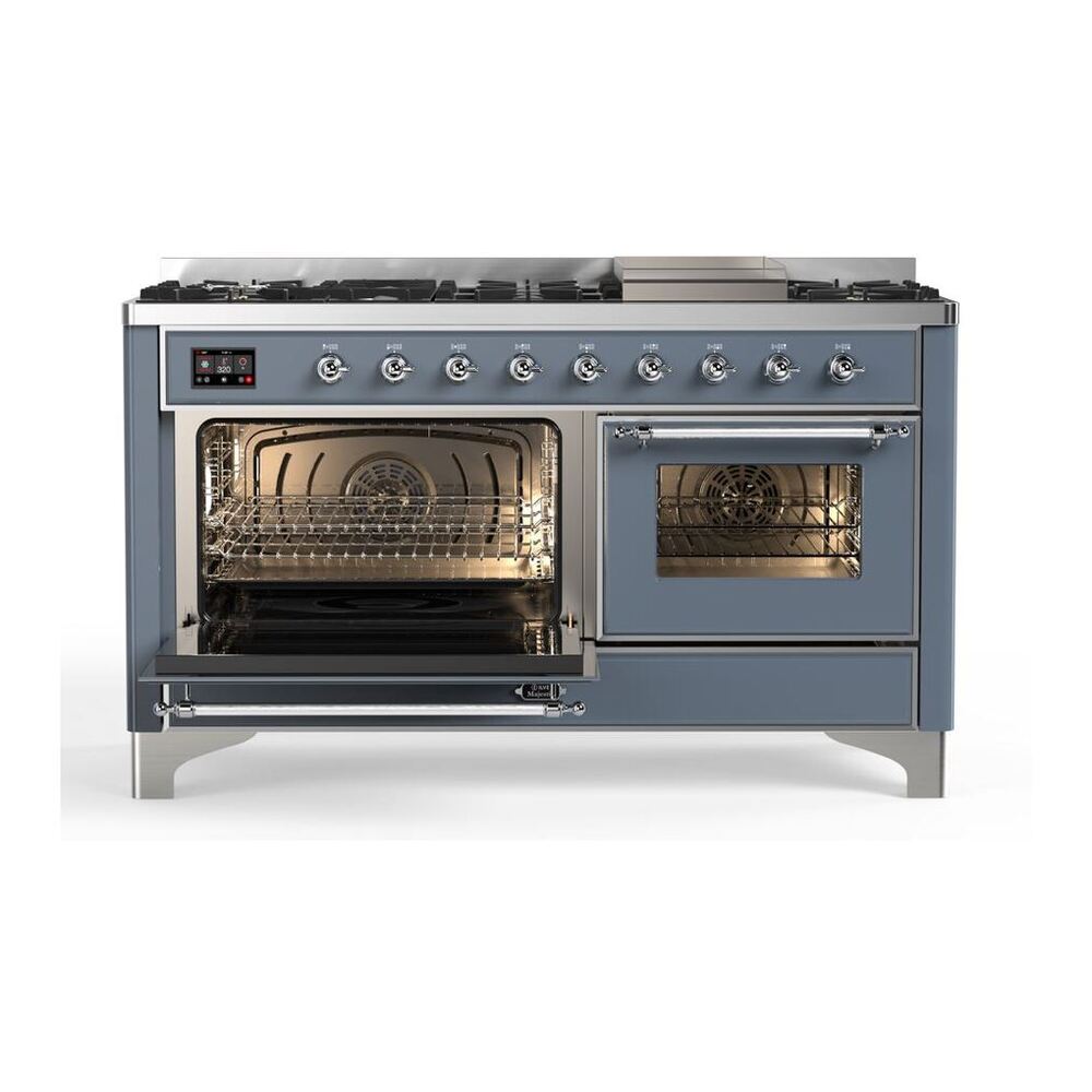 ILVE Majestic II 60 inch Triple Glass Door Natural Gas Dual Fuel Range Chrome Blue Grey