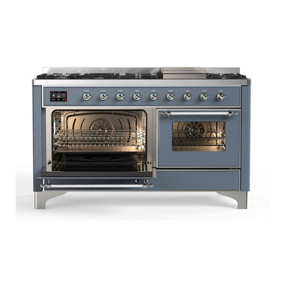 ILVE Majestic II 60 inch Triple Glass Door Natural Gas Dual Fuel Range Chrome Blue Grey