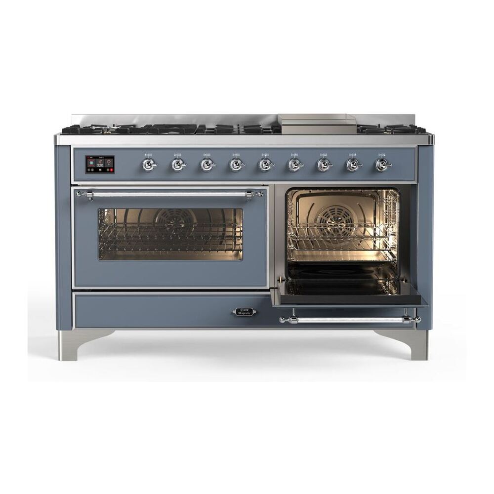 ILVE Majestic II 60 inch Triple Glass Door Natural Gas Dual Fuel Range Chrome Blue Grey