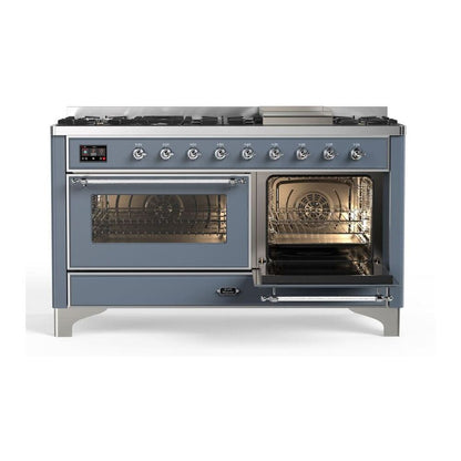 ILVE Majestic II 60 inch Triple Glass Door Natural Gas Dual Fuel Range Chrome Blue Grey