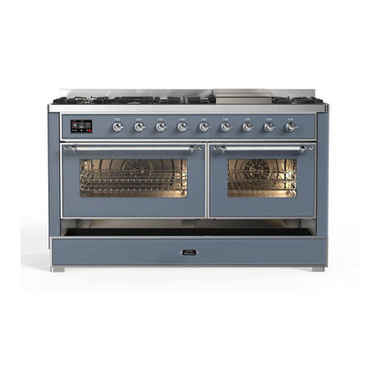 ILVE Majestic II 60 inch Triple Glass Door Natural Gas Dual Fuel Range Chrome Blue Grey