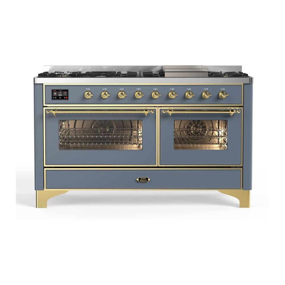 ILVE Majestic II 60 inch Triple Glass Door Natural Gas Dual Fuel Range Brass Blue Grey