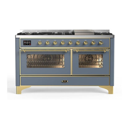ILVE Majestic II 60 inch Triple Glass Door Natural Gas Dual Fuel Range Brass Blue Grey